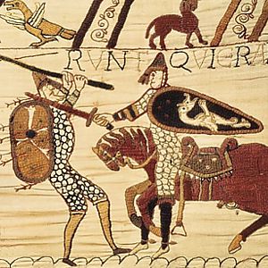 Krieger mit konischen Nasalhelmen auf dem Teppich von Bayeux