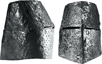 Bild oben: Originalfund Topfhelm von Madeln (Schweiz, Baselland um 1300)