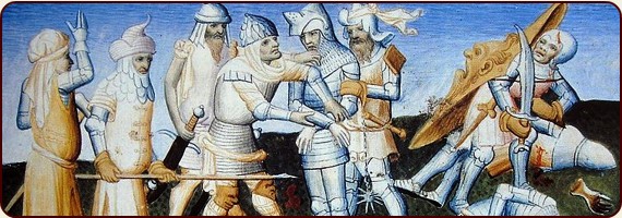 Bild: Ein Morgenstern in einer Darstellung der Schlacht von Mari (1266), in der Mameluken die Armenier geschlagen haben. Die Darstellung stammt allerdings aus dem 15. Jahrhundert. 