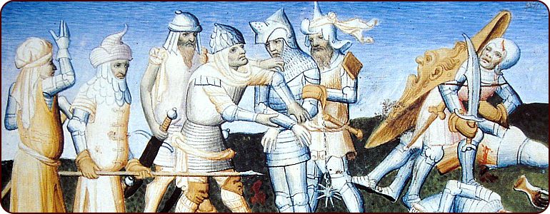 Bild: Ein Morgenstern in einer Darstellung der Schlacht von Mari (1266), in der Mameluken die Armenier geschlagen haben. Die Darstellung stammt allerdings aus dem 15. Jahrhundert. 