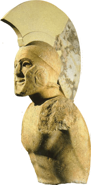 Marmorstatue eines Waffenläufers mit einem Helm attischen Typs. Anfang 5. Jh. v. Chr.
