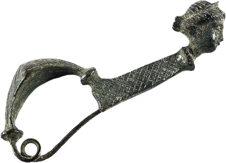 Römische Bügelfibel mit Frauenkopf (Bronze) 1. - 2. Jh. n. Chr