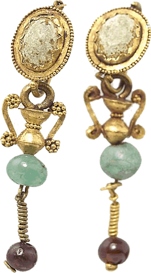 Ein paar Ohrringe; Gold, Beryl und Granat; 50-100 n. Chr.