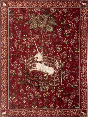 Tapisserie "Gefangenes Einhorn" rot (in 2 Größen)