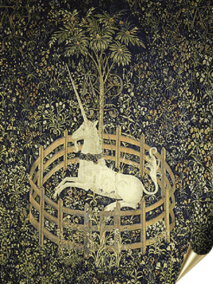 Millefleur-Tapesserie mit dem Motiv "Gefangenes Einhorn im Gehege". Das Original stammt aus den Jahren zwischen 1495 und 1505