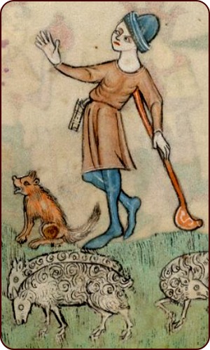 Mittlalterlicher Schafhirte mit Stab, Luttrell-Psalter, London, British Library, Add. Ms. f87r. England um 1330-1340