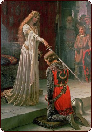 Wie kaum ein anderer Künstler hat - allerdings erst im Jahre 1901 - der viktorianische Maler Edmund Blair Leighton das heutige "Hollywood" Bild mitgeprägt, dass man sich von hochmittelalterlicher Kleidung macht. So zeigt sein Gemälde "The Accolade" eine Dame im Bliaut, wobei der abgebildete Helm und der Waffenrock zeitlich komplett anders einzuordnen wären.