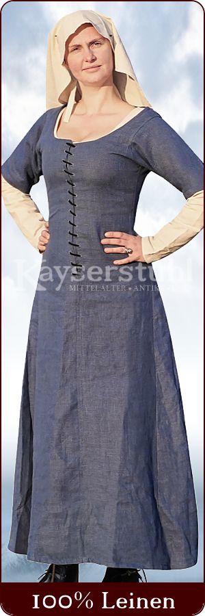 Kurzärmeliges Cotehardie-Kleid aus 100% Leinen in blau