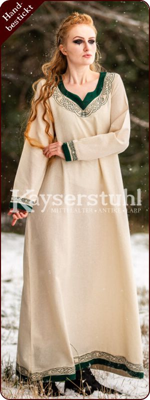 Handbesticktes Frühmittelalter-Kleid "Sigrid", natur/blau