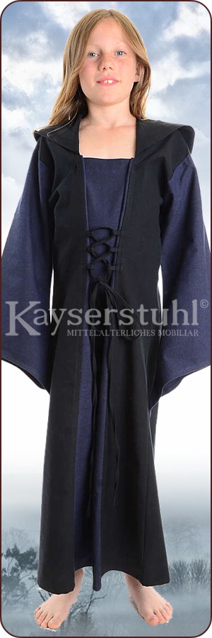 Mittelalter Kinderkleid "Ronja" mit Kapuze, schwarz/blau