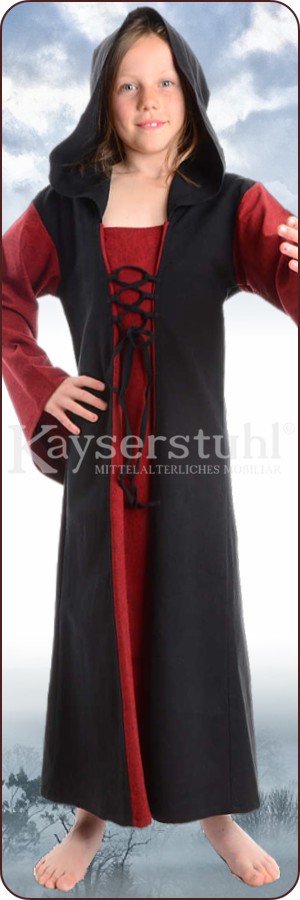 Mittelalter Kinderkleid "Ronja" mit Kapuze, schwarz/rot