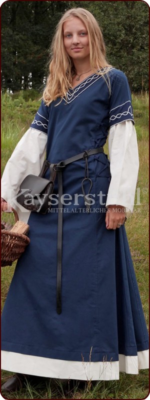 Mittelalterliches Bliaut-Kleid "Laura", blau/natur