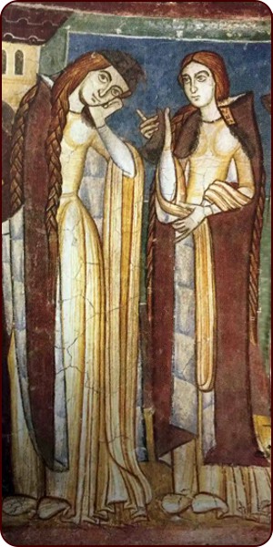 Fresko "Die törichten Jungfrauen" im Castel d'Appiano in Trentino Alto Adige in Italien (Spätes 12. bis frühes 13. Jahrhundert)