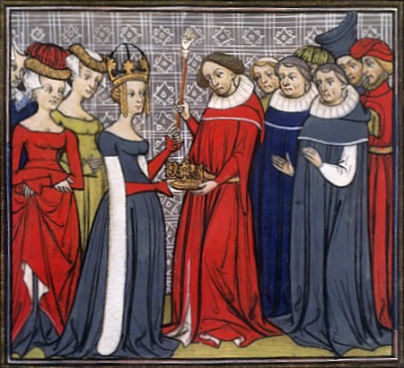 "Richildis von der Provence" (Bildmitte), 14. - 15. Jh. (Miniatur in den Grandes Chroniques de France), Bibliothèque nationale de France, Département des Manuscrits, Français 73, folio 163. Das Bild ist zeitgenössisch für die Entstehung im späten Mittelalter