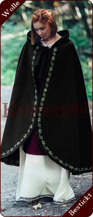 Bestickter Umhang "Penelope" aus schwarzer Wolle