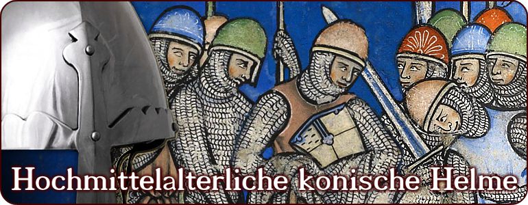 Abbildungen von Nasalhelmen mit getriebener Kalotte in der Kreuzfahrerbibel um 1240 n. Chr.