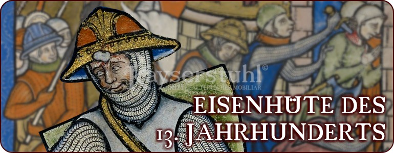 Abbildungen von Nasalhelmen mit getriebener Kalotte in der Kreuzfahrerbibel um 1240 n. Chr.