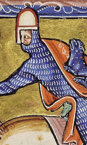 Ritter mit konischem Nasalhelm; Aberdeen Bestiary, Folio 8 Recto "Tiger", 12. Jh.