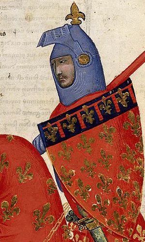 Sugar Loaf Helm mit Klappvisier in einem Ausschnitt aus "Ritter aus Prato" (Toskana), einer Miniatur aus den Carmina Regi, 14. Jh.