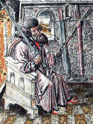 Sitzender Fechtmeister, vermutlich Liechtenauer, in Cod. 44 A 8, 2v (1452)