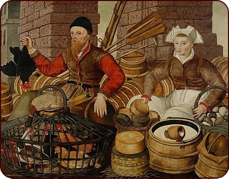 Markthändlerpaar mit Geflügel, Brot und Käse, Jan van Horst 1572