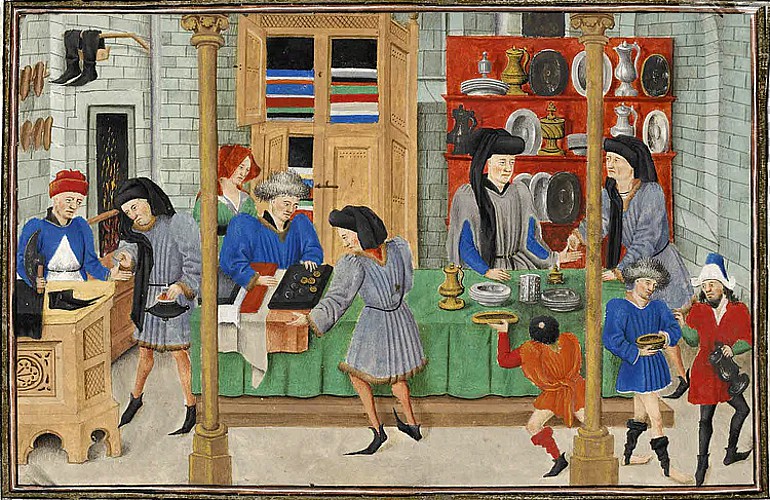 Eine Manuskriptillustration aus dem 15. Jahrhundert n. Chr., Die eine mittelalterliche Marktszene zeigt