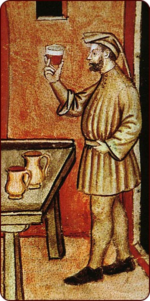 Rotwein" aus dem Taccuino Sanitatis, Casanatense-Manuskript 4182 (14. Jahrhundert)