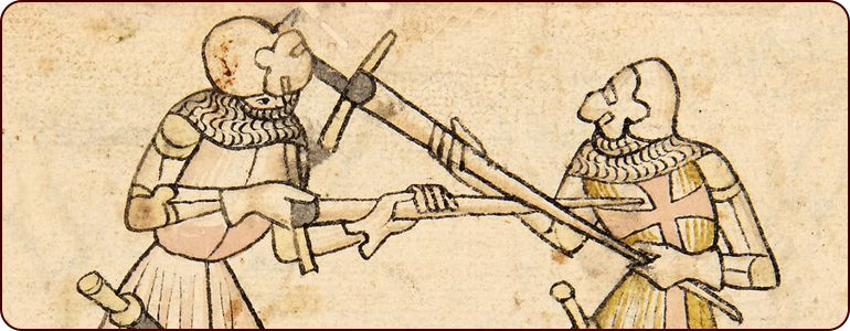 Darstellung im Codex Wallerstein (Bild 214), die einen Halbschwertstoß (links) gegen einen Mordhau (rechts) zeigt