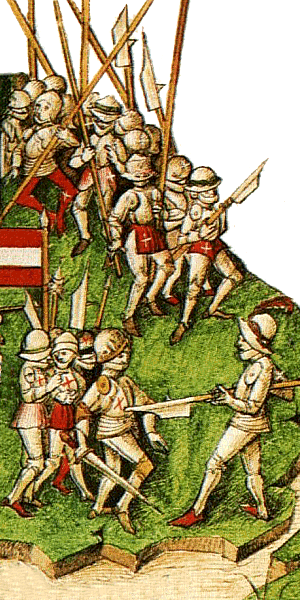 Die Schlacht am Morgarten nach einer Illustration in der Tschachtlanchronik, 1483
