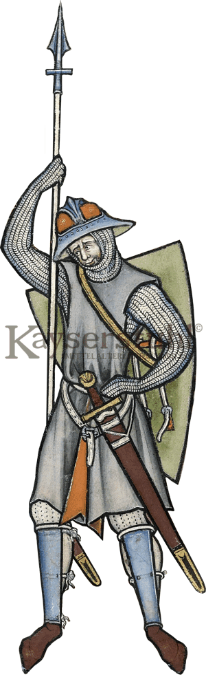 Abbildung eines Ritters mit Lanze, Infanterieschild, Eisenhut und hochmittelalterlichem Einhandschwert aus der Kreuzfahrer- bzw. Morgan- oder Maciejowski-Bibel (MS M.638, fol. 28v)