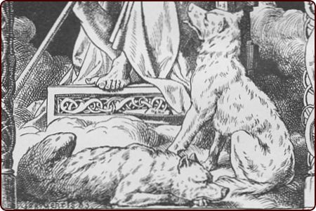Die Wölfe Geri und Freki zu Füßen Odins (1888)